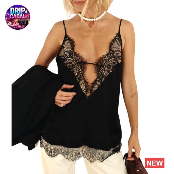 Tops - Satin Silk Lace Cami Top Spaghetti Strap V Neck Y2K Coquette Going Out